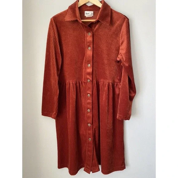 Hanes Signature Collection Dresses | Vtg Hanes Signature Collection Ribbed Velvet Midi Dress L Button Front 80's Rust | Color: Orange | Size: L |
